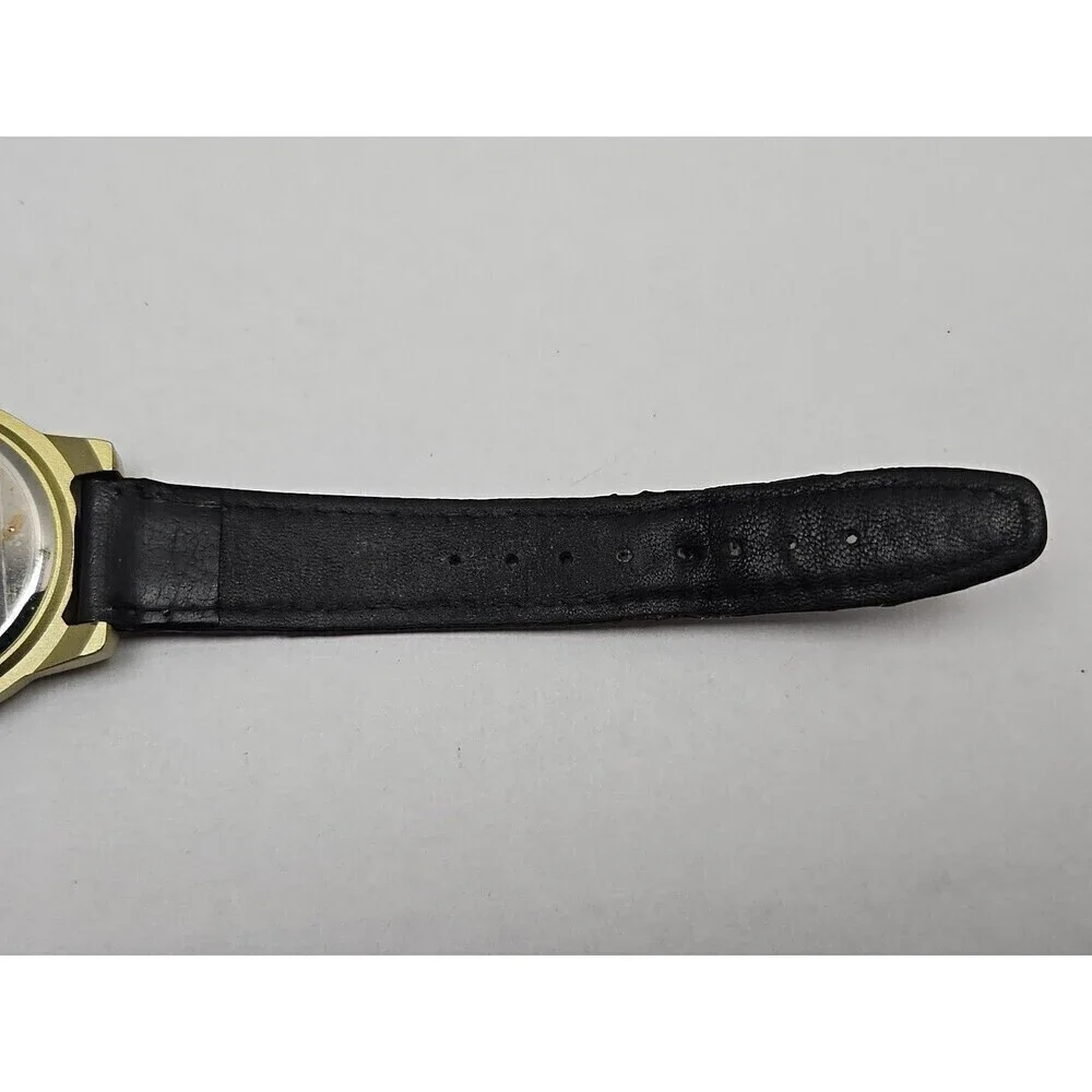 NRA Europa Quartz Watch Black Bezel Gold Tone Case Leather Band Mens New Battery